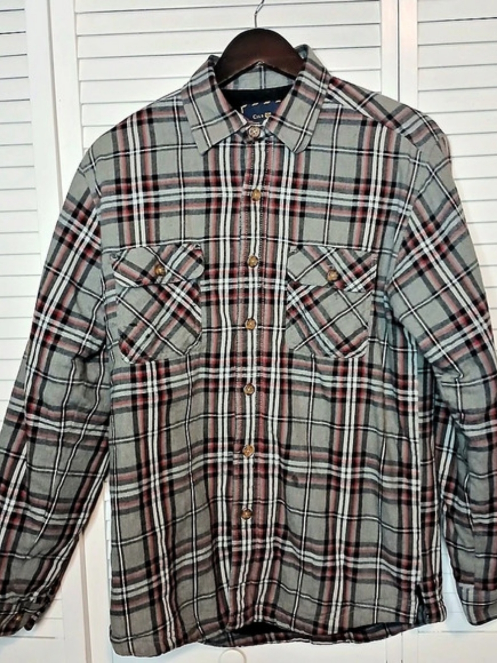 Club Room Sherpa Lined Plaid Shirt Jacket Gray & Red Small